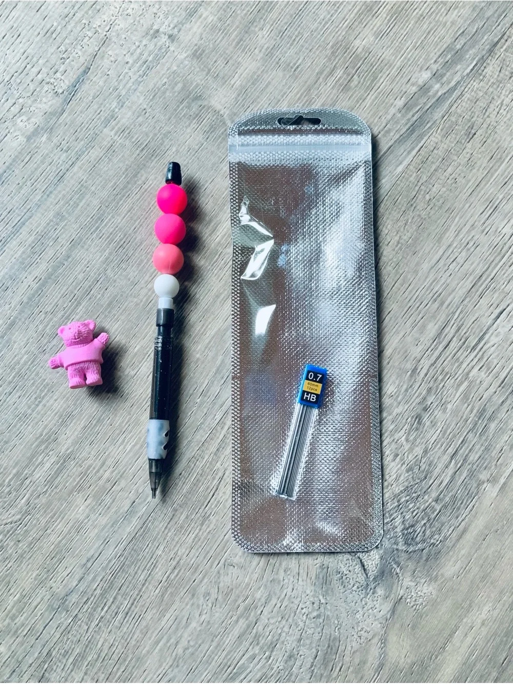 NEW📚 Handcrafted Beaded Pencil & Bear Eraser Set OS
